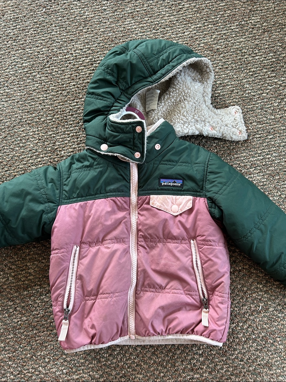 Patagonia Tribbles Kids Two-Tone Green & Pink Puffer Jacket with hood